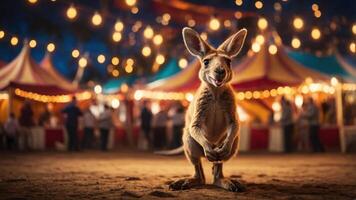 A playful kangaroo stands in front of colorful tents at a lively nighttime fair. photo