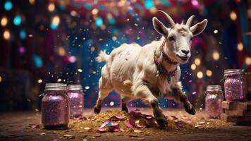 A joyful goat leaps amidst colorful confetti and jars, creating a festive atmosphere. photo