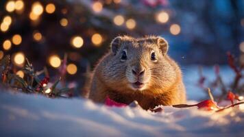 A close-up of a small animal in the snow, surrounded by festive lights and greenery. photo
