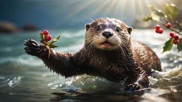 An otter playfully holds a holly branch in a sunlit river setting. photo