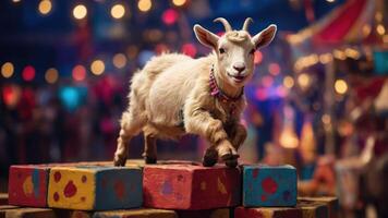 A playful goat balancing on colorful blocks in a vibrant carnival setting. photo