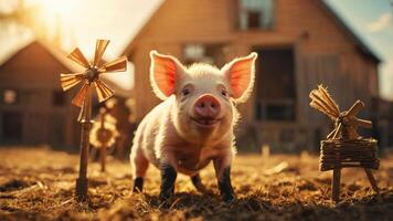 A cheerful piglet stands in a farmyard with a rustic barn in the background. photo