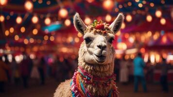 A decorated llama stands out at a vibrant festival with colorful lights and a festive atmosphere. photo
