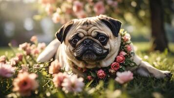 A pug adorned with flowers lounging in a garden filled with blossoms. photo