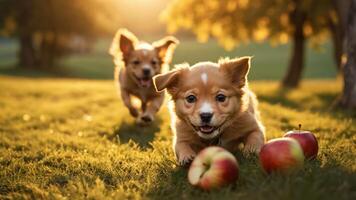 Two playful puppies running towards apples in a sunlit grassy field. photo
