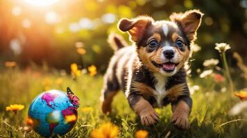 A playful puppy runs joyfully in a sunny field with a globe and flowers. photo