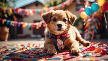 A playful puppy lies on a colorful blanket at a festive outdoor celebration. photo