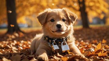 A playful puppy with locks on its collar surrounded by autumn leaves. photo