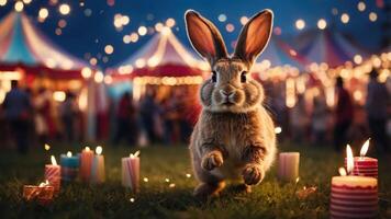 A rabbit hops through a festive fairground, surrounded by candles and colorful lights. photo