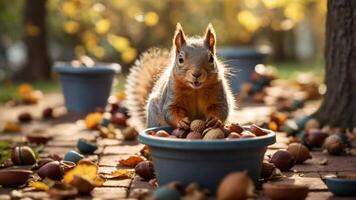 A squirrel surrounded by nuts in pots amidst autumn leaves, capturing a playful wildlife moment. photo