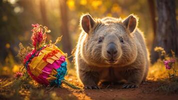 A cute wombat beside a colorful piata in a sunny, natural setting. photo