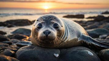 A seal resting on rocks by the ocean during a sunset, creating a serene atmosphere. photo