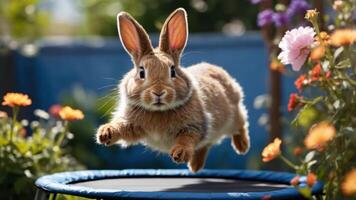 A rabbit leaps joyfully on a trampoline surrounded by vibrant flowers in a garden setting. photo
