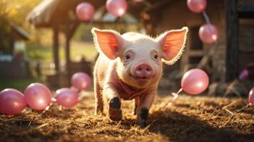 A playful piglet runs joyfully among pink balloons in a sunny farm setting. photo