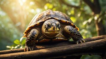 A close-up of a turtle on a log in a sunlit forest setting. photo
