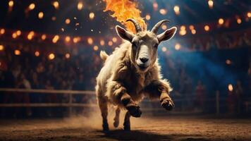 A goat leaps in a circus ring with flames above its head, captivating an audience. photo