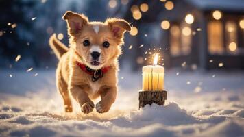 A playful puppy runs through the snow, with a glowing candle nearby, creating a cozy atmosphere. photo