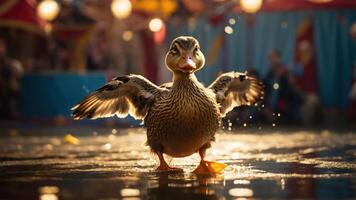 A duck splashes water while standing in a vibrant, festive outdoor setting. photo