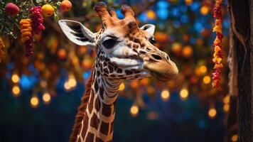 A close-up of a giraffe surrounded by colorful fruits and lights in a vibrant setting. photo