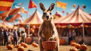 A kangaroo stands with a basket in a festive atmosphere filled with pumpkins and tents. photo