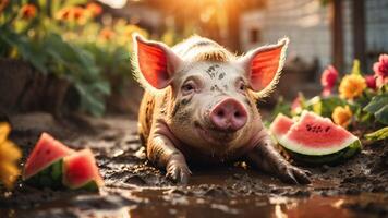 A playful pig lounging in mud with watermelon slices and flowers around it. photo