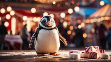 A cheerful penguin stands amidst a festive market scene with candy canes nearby. photo