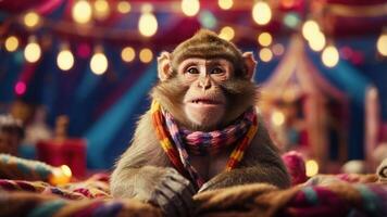 A monkey wearing a colorful scarf sits in a festive setting with lights and decorations. photo