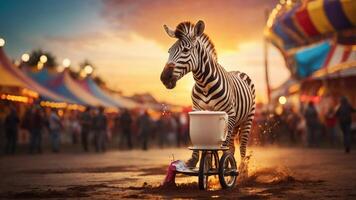 A zebra pulls a cart at a colorful carnival during sunset. photo