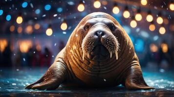 A close-up of a walrus resting on a snowy surface with festive lights in the background. photo