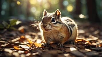 A close-up of a chipmunk on a forest floor, surrounded by autumn leaves and soft sunlight. photo