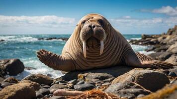 A walrus lounging on rocky shore, overlooking the ocean under a blue sky. photo