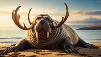 A whimsical creature resembling a walrus with antlers on a beach at sunset. photo
