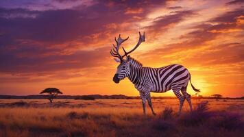 A surreal scene featuring a zebra with antlers against a vibrant sunset backdrop. photo