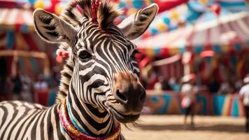 A zebra adorned with colorful accessories in a vibrant circus setting. photo