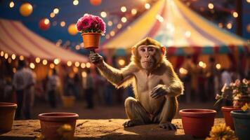 A monkey holding a flower pot in a festive setting with colorful lights and decorations. photo