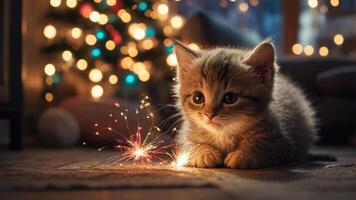 A playful kitten gazes at sparkling lights in a cozy, festive setting. photo