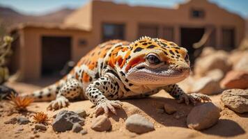 A close-up of a vibrant leopard gecko on rocky terrain with a rustic building in the background. photo