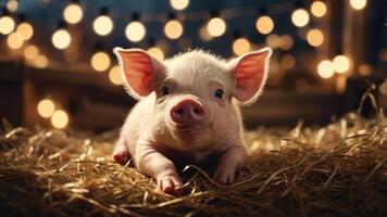 A cute piglet resting on hay with soft lights in the background. photo