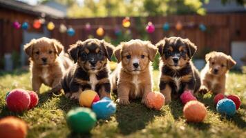 Five playful puppies on grass surrounded by colorful balls in a cheerful outdoor setting. photo
