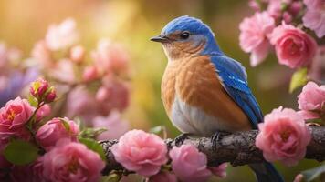 A vibrant bluebird perched on a branch adorned with pink blossoms. photo