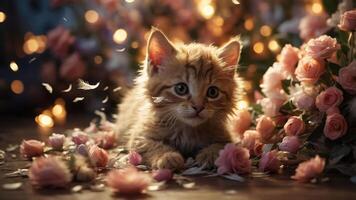 A fluffy kitten surrounded by pink roses and soft lighting, creating a charming atmosphere. photo
