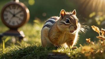 A chipmunk stands in a sunlit field beside an antique clock, capturing a moment in nature. photo