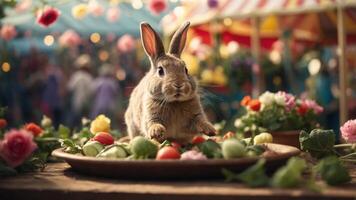 A rabbit surrounded by colorful flowers and vegetables in a festive setting. photo
