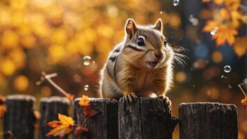 A playful chipmunk on a wooden fence surrounded by autumn leaves and bubbles. photo