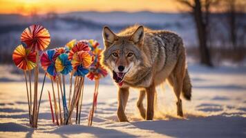 A coyote walking through snow near colorful pinwheels at sunset. photo