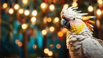 A close-up of a cockatoo with vibrant feathers against a blurred background of lights. photo