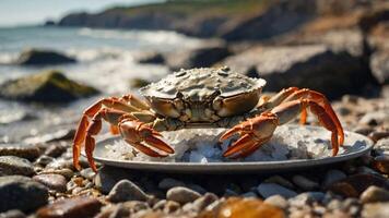 A crab resting on a plate of salt by the beach, with waves and stones in the background. photo