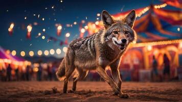 A coyote walks through a vibrant carnival scene at dusk, illuminated by colorful lights. photo