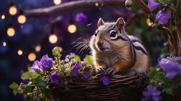 A chipmunk perched on a flower-filled basket, illuminated by soft lights in a whimsical setting. photo