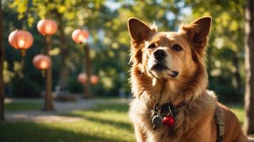 A dog stands in a park with lanterns in the background, enjoying a sunny day. photo